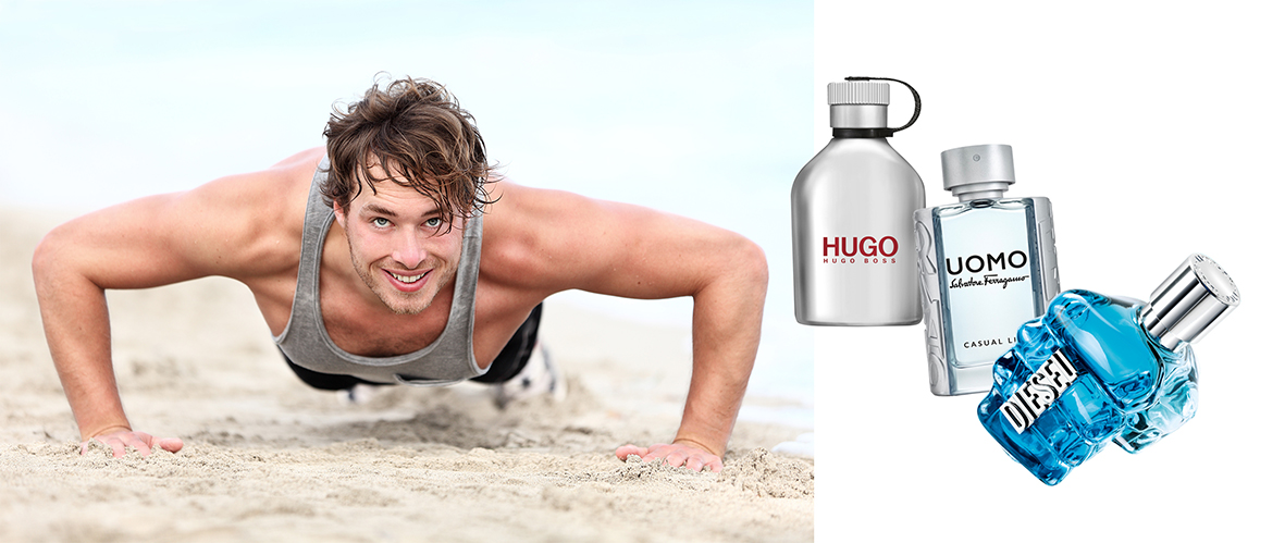 fragancias masculinas frescas: Hugo Boss, Uomo Salvatore Ferragamo y Diesel. perfumes masculinos más frescos